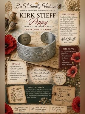VTG Kirk Stieff Poppy Pewter Cuff Bracelet | August Flower of the Month |